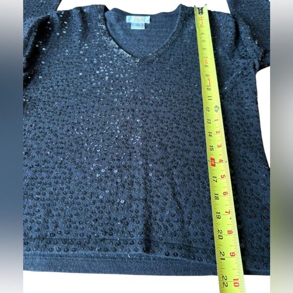 Talbots Black Sequin Sweater V Neck 3/4 Sleeve Silk Cashmere Blend Womens Small - Picture 9 of 11